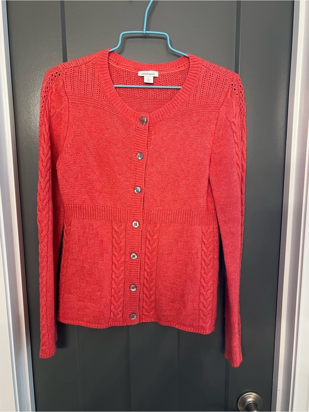 Sundance Women's Coral Red Button-Up Cable Knit Cardigan. Preppy, classic